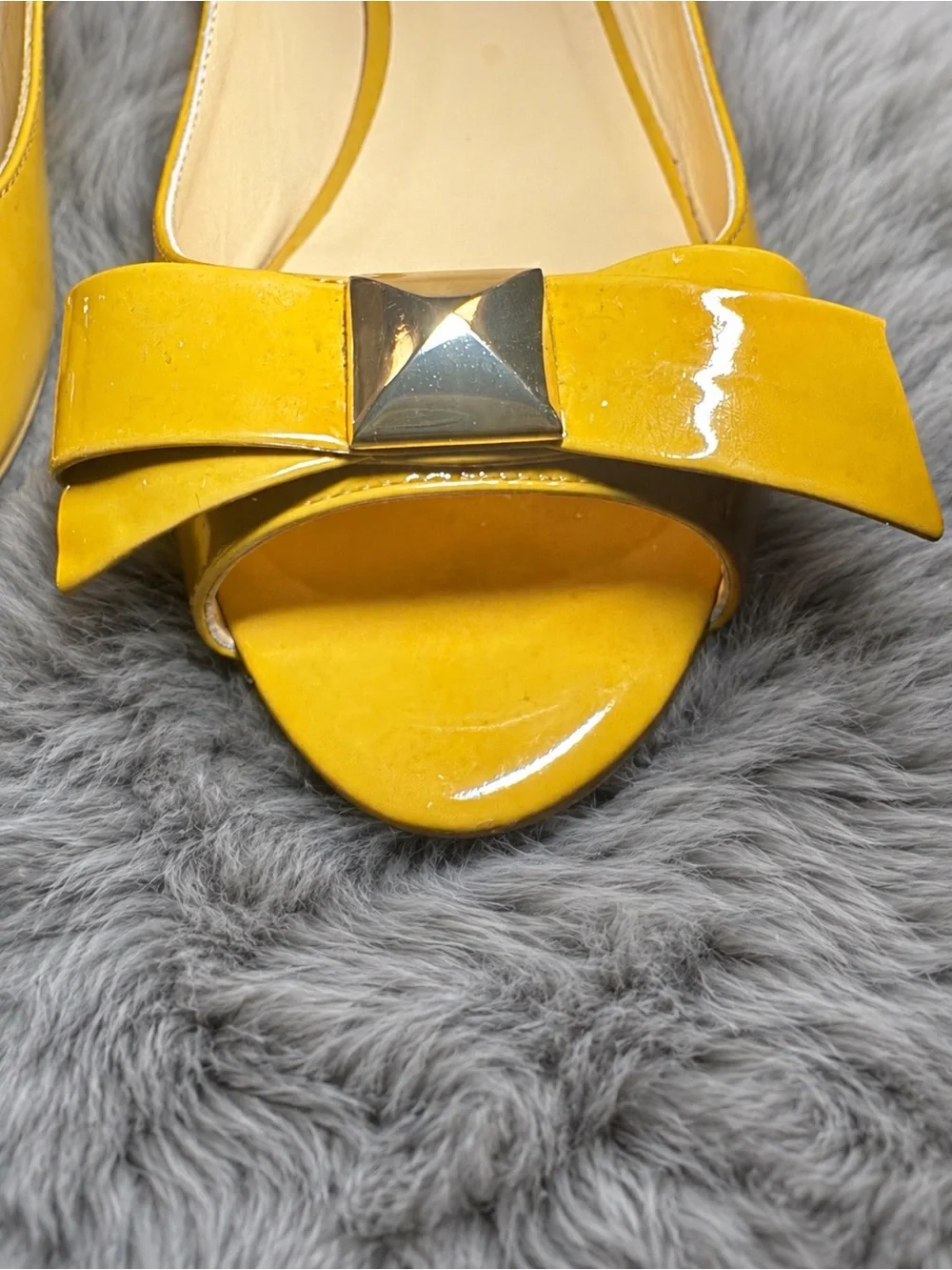 kate spade Brown Patent Peep Toe Flats with Bow & Pyramid Stud